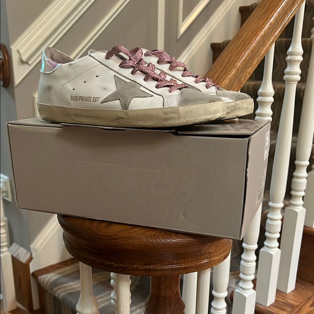 STILL SELLING 
Golden Goose White Sneakers with Glittery Pink Laces